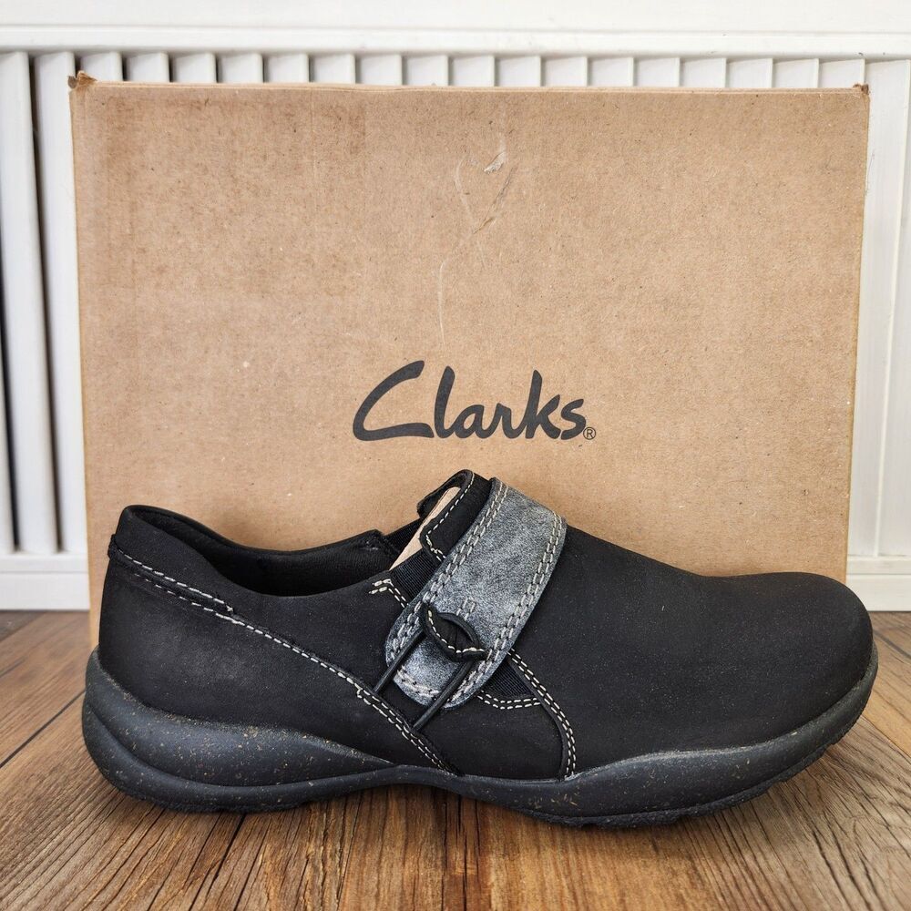 Clarks Roseville Dot Slip On Shoes Womens Sz 6.5 M Black Nubuck Comfort Loafers